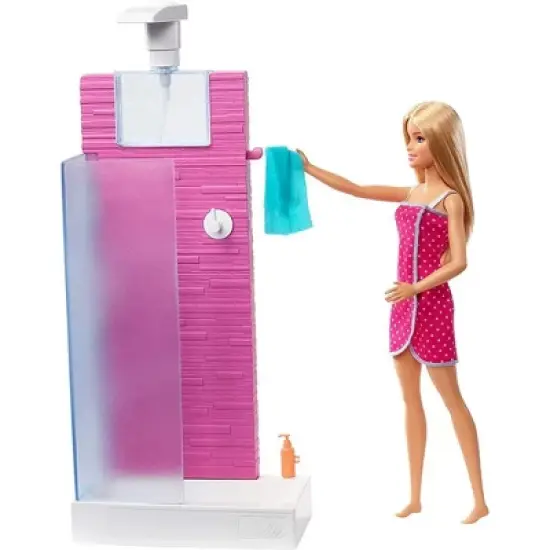 Barbie Doll Bathroom with Working Shower and Three Bath Accessories, Gift Set image {3}