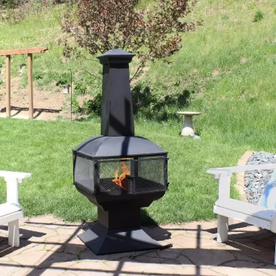 Sunnydaze Outdoor Backyard Patio Steel 360-Degree View Wood-Burning Fire Pit Chiminea with Wood Grate and Poker - 57" - Black image {1}