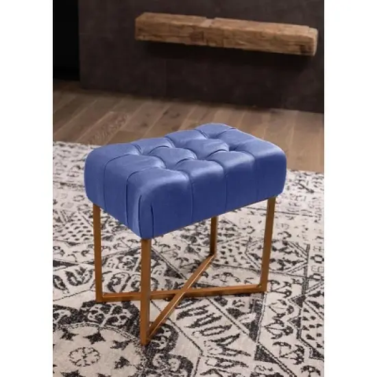 BirdRock Home Rectangular Tufted Blue Foot Stool Ottoman with Pale Gold Legs image {1}