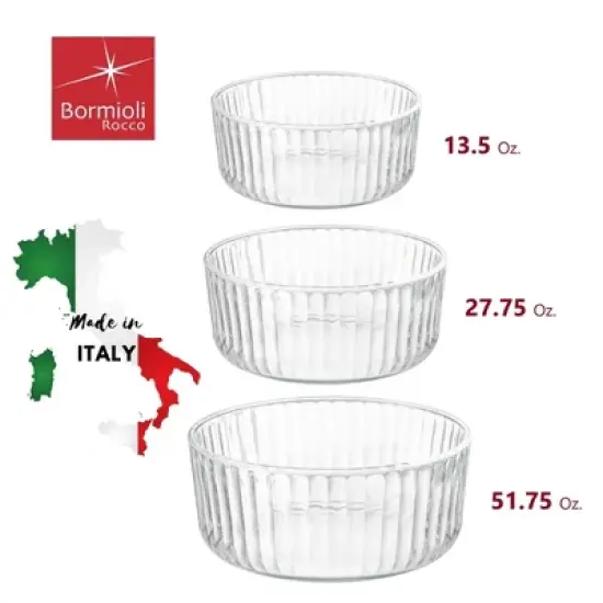 Bormioli Rocco Exclusiva Glass Bowl Set of 3 &ndash; 7", 6", 4.75" Stackable Serving Bowls &ndash; Decorative 3-Size - Dishwasher Safe, Light-Reflective image {1}