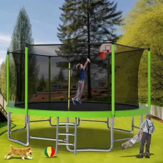 Okak 8/12/14/15/16FT Outdoor Trampolines with Enclosure Net, Toddler Trampoline with Balance Bar, Basketball Hoop and Ball, Rebounder for Garden image {7}