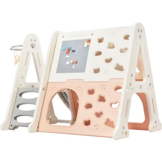 Triangle Climber with Slide,Toddlers Climber Slide for Age 1-3,7-in-1 A-Frame Climber Toddler Slide with Basketball Hoop and Art Drawing Board Pink image {1}