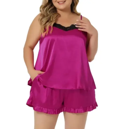 Agnes Orinda Women's Plus Size Polka Dots Sleep Short Satin Lace Trim Camisole Pajamas Set image {6}