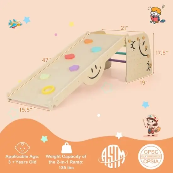 Costway Wooden Climbing Toy Triangle Climber Set of 2 with Seesaw Dual-sided Ramp Indoor Colorful image {2}