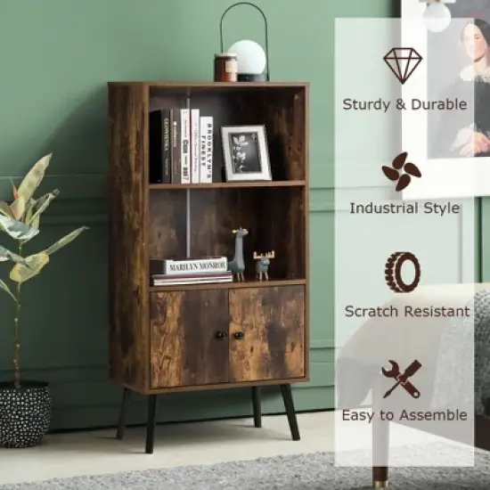 Costway 2-Tier Retro Bookcase Bookshelf w/3 Compartment&2 Doors Industrial Cabinet image {4}