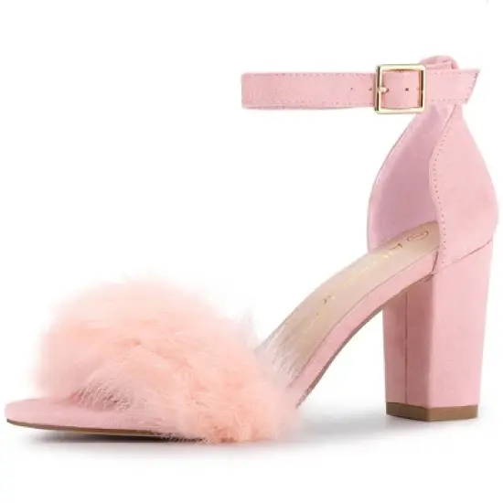 Allegra K Women's Faux Fur Ankle Strap Block Heels Sandals image {11}