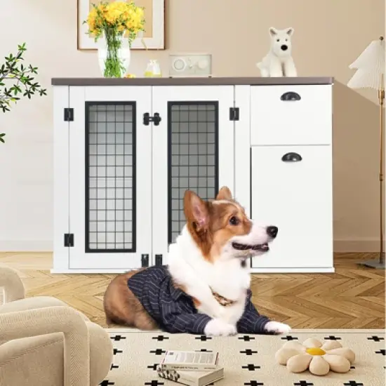 Large Dog Crate Furniture, 44'' Dog Kennel Indoor with Storage Drawers, Sturdy Wooden Dog Crate with 2 Doors and Adjustable Shelf for Small image {3}