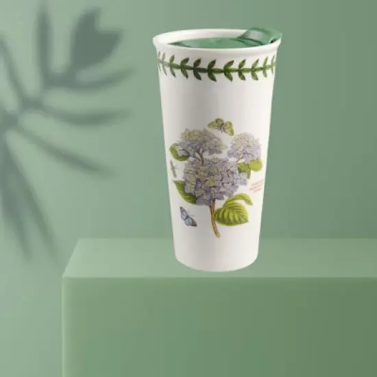 Portmeirion Botanic Garden 12 Ounce Porcelain Travel Mug, Hydrangea Motif, Dishwasher, Microwave Safe Cup, Hot Beverages On-the-Go image {3}