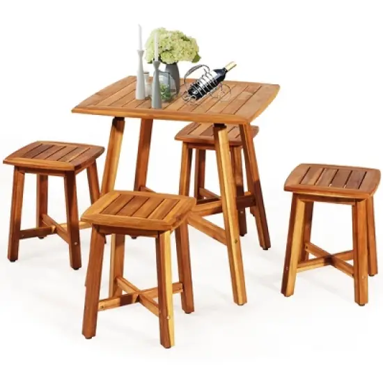 Costway 5PCS Acacia Patio Dining Set W/Square Table & 4 Stools Reddish Brown image {8}