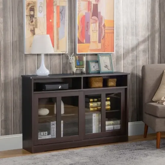 HOMCOM Sideboard Buffet Cabinet, Coffee Bar Cabinet,Credenza with Sliding Glass Doors, Cupboard and Adjustable Shelf, Dark Brown image {1}