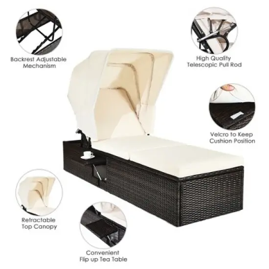 Costway Patio Rattan Lounge Chair Chaise Cushioned Top Canopy Adjustable White image {7}