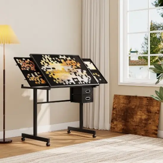 Gulches 1000 Pieces Jigsaw Puzzle Metal Table with 4 Trays 2 Drawers Wooden Protective Cover 4 Lockable Wheels Adult Gift image {4}