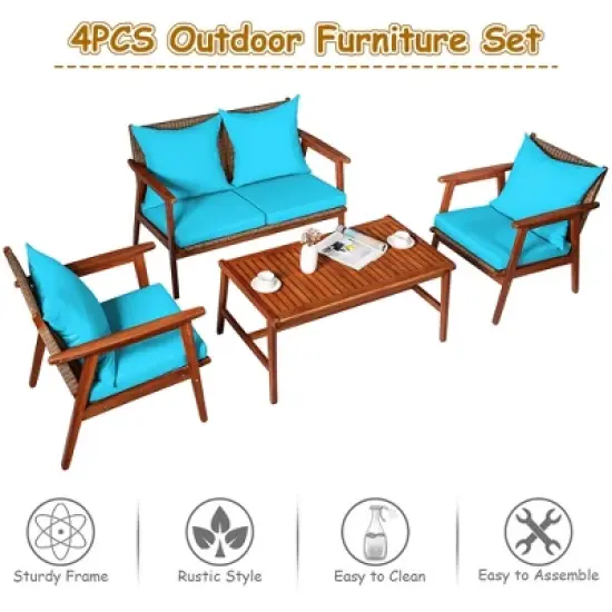 Costway 4PCS Patio Rattan Furniture Set Acacia Wood Frame Cushioned Sofa Chair Turquoise image {4}
