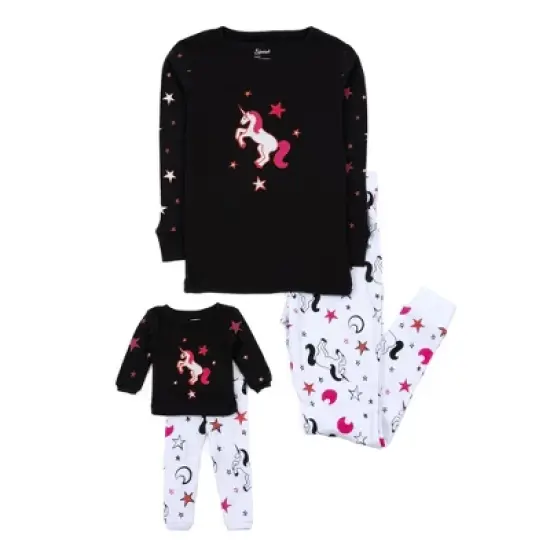 Leveret Girl and Doll Matching Cotton Unicorn Pajamas image {4}
