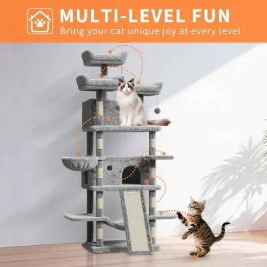 68.5in Tall Indoor Cat Tree for Large Cats, Upgraded Heavy Duty Cat Tower with Scratching Posts/Condo/Plush Perches/Hammocks/Dangling Balls image {7}