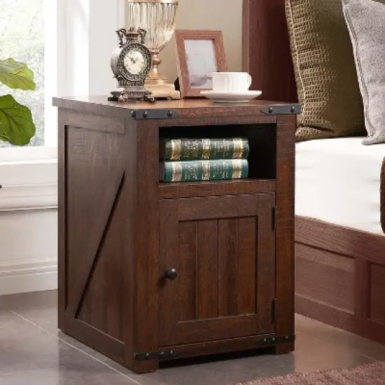 Nightstand with Charging Station, 20" Farmhouse End Table w/Groove Barn Door & Adjustable Shlef for Bedroom image {6}