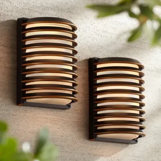 John Timberland Modern Industrial Outdoor Wall Lights Fixtures Set of 2 Rubbed Bronze 10" Frosted Glass for Exterior House Porch image {1}