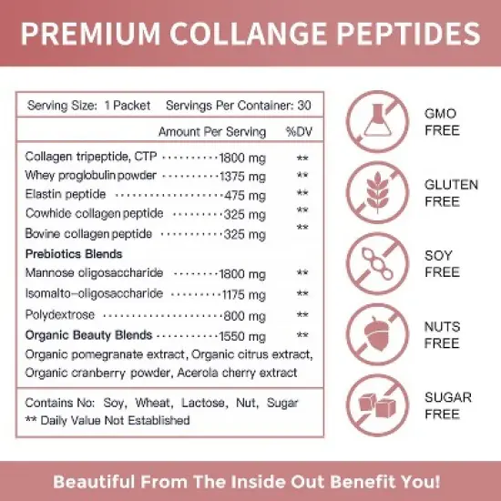 NATURE TARGET Multi Collagen Peptides Powder - Type I, II, III, V, X - Hydrolyzed Collagen Peptides with Prebiotics - 30 packets image {6}