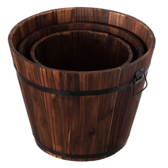 Gardenised Rustic Wooden Whiskey Barrel Planter with Durable Medal Handles and Drainage Holes - Perfect for Indoor and Outdoor Use image {6}
