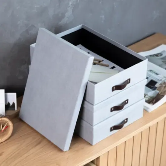 Bigso Oskar Document Letter Box with Lid and Leather Handle &ndash; Canvas Fiberboard File Organizer, 3.3" x 10.2" x 13.8" image {7}