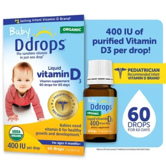 Ddrops Baby Vitamin D 400 IU Organic Liquid Drops - 0.06 fl oz image {12}
