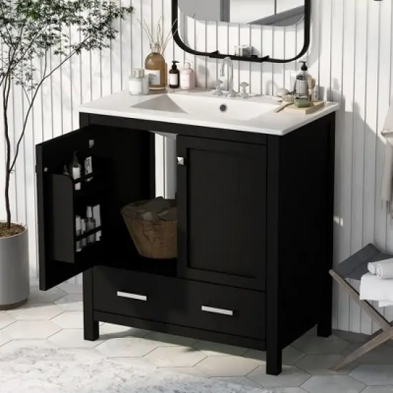 30 Inch Solid Wood Frame Bathroom Vanity with Single Sink, 2 Doors and a Drawer image {1}