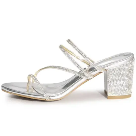 Allegra K Women's Strappy Rhinestone Block Heel Slide Sandals image {6}