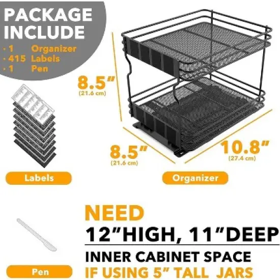 Pull Out Spice Rack Organizer(no jars included) for Cabinet,with Labels,8.5" W x10.75 D x8.5 H, 1 Drawer 2-Tier image {6}