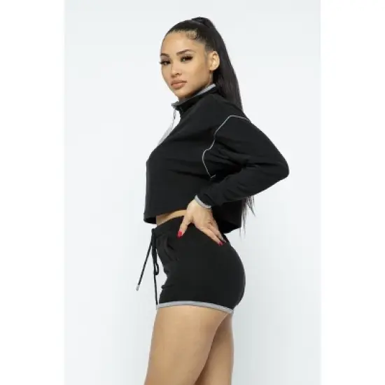 Slickblue Women's Activewear Set, Sporty Crop Top with Zipper & High-Waist Shorts, Casual Style, Black, Size S-L image {3}