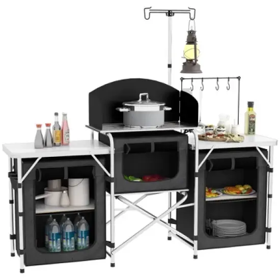 Outsunny Camping Kitchen Table, Portable Folding Camp Kitchen, Aluminum Cook Station with 3 Fabric Cupboards, Windshield, Carrying Bag image {6}