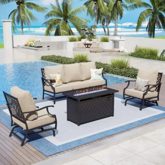 Captiva Designs 4pc Metal Patio Outdoor Conversation Fire Pit Set with Rocking Grid-back Armchairs for Garden, Poolside, Backyard image {9}