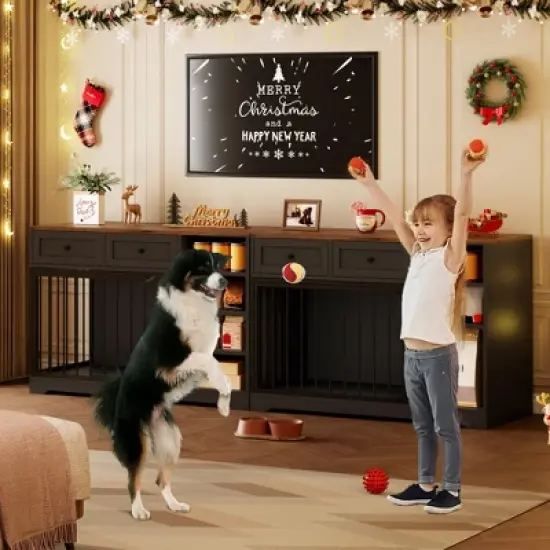 Dog Crate Furniture 47", Large Dog Crate with 2 Drawers and 4 Shelves, Wooden Heavy Duty Dog Crate, Decorative Dog Indoor Kennel Furniture Indoor image {5}