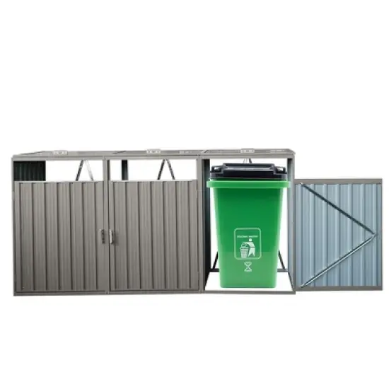 Outdoor Garbage Bin Shed for 3 Trash Cans, Stainless Galvanized Steel Bin Shed W/Lifting Lids Lockable Doors, Ventilated Storage Shed for Garden Yard image {4}