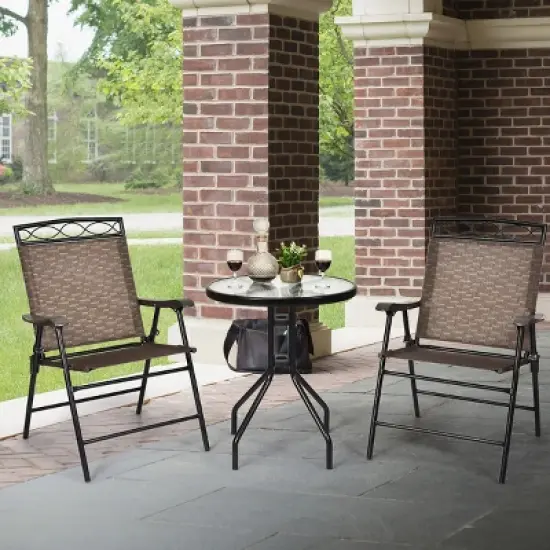 Costway 3 PCS Bistro Conversation Patio Pub Dining Set W/ 2 Folding Chairs & Glass Table image {1}