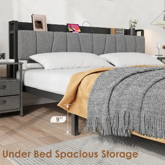 Bed Frame with Storage Headboard, Industrial Platform Bed with 2 Large Drawers and Charging Station, Black No Box Spring Needed Bed frame image {6}