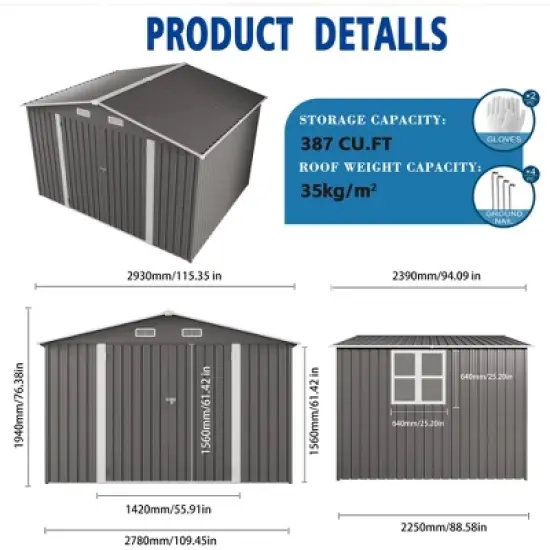10 x 8 FT Outdoor Storage Shed,Lockable Door and Air Vent, Clear Window Garden Tool Shed for Bicycles,Backyards, Patios, Lawns,Gray image {7}