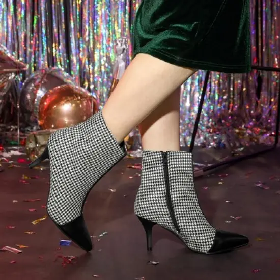 Allegra K Women's Plaid Pointed Toe Houndstooth Stiletto Heels Ankle Boots image {2}