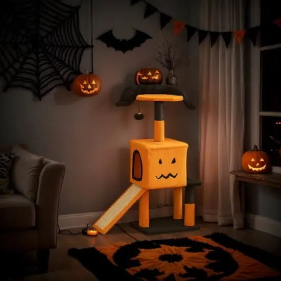 FURNIinspire Pet Tower Halloween Cat Tree Tower with Sisal Scratching Posts, Hanging Toys, Cat Activity Platform, Orange, 27.3"*11.8"*39" image {1}