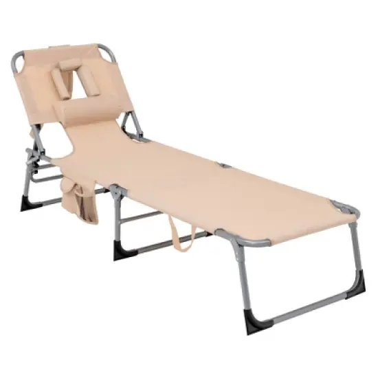 Tangkula Portable Beach Chaise Lounge Chair Folding Reclining Chair w/ Facing Hole Beige image {10}