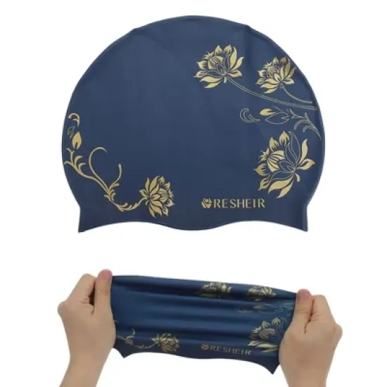 Unique Bargains Silicone Waterproof Lotus Printed Swim Cap 1 Pc image {4}