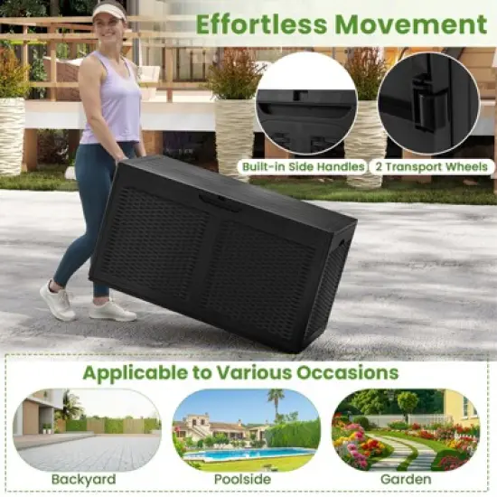 Tangkula 103 Gallon Resin Outdoor Storage Box Waterproof Deck Box w/ Lockable Lid & Wheels Brown/Black/Grey image {6}