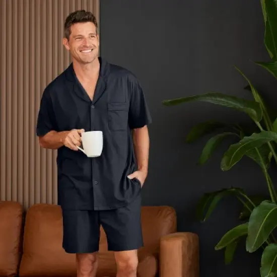 Men's Soft Cotton Knit Jersey Pajamas Lounge Set, Short Sleeve Shirt and Shorts with Pockets image {2}