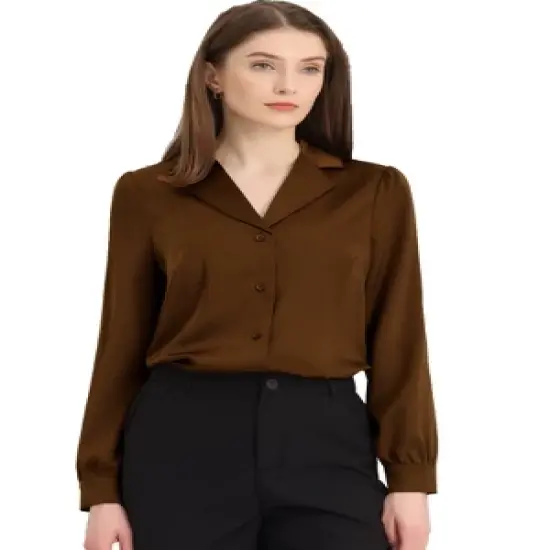 Allegra K Women's Elegant Collar V Neck Long Sleeve Work Office Satin Button Down Shirt image {10}