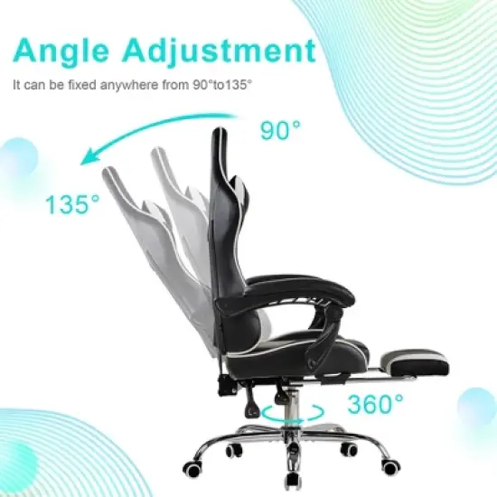 VECELO Reclining Gaming Chair, Faux Leather Adjustable Height Ergonomic Gaming Chair with Footrest & Lumbar Support, Black image {7}