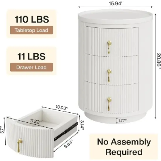 Tribesigns No Assembly 3-Drawer Nightstand, White image {1}