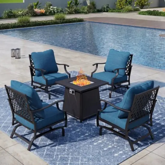 Captiva Designs 5pc Metal Patio Outdoor Conversation Fire Pit Set with Rocking Grid-back Armchairs for Garden, Poolside, Backyard image {13}
