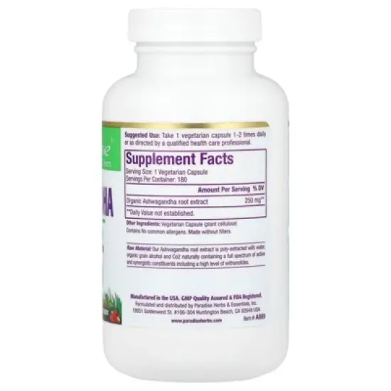 Paradise Herbs Ashwagandha, 250 mg, 180 Vegetarian Capsules image {1}