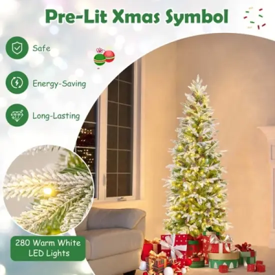 Costway 6/7.5/9 FT Flocked Christmas Tree with 671/913/1310 PE PVC Branch Tips 280/350/470 Warm White LED Lights image {5}