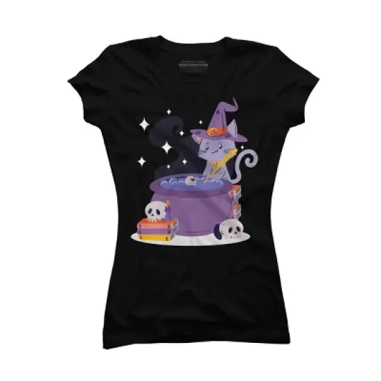 Junior's Design By Humans Halloween Kitty Cauldron By machmigo T-Shirt image {2}