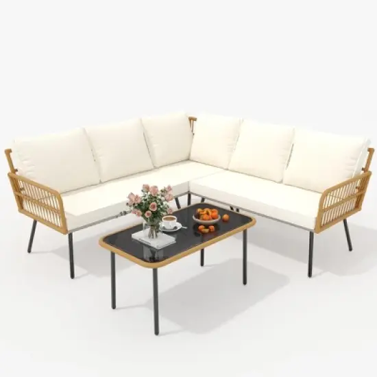 4 Piece Outdoor Wicker Patio Sectional L-Shaped Set, All-Weather Rattan Conversation Set with Glass Top Coffee Table & Cushioned Chairs image {2}
